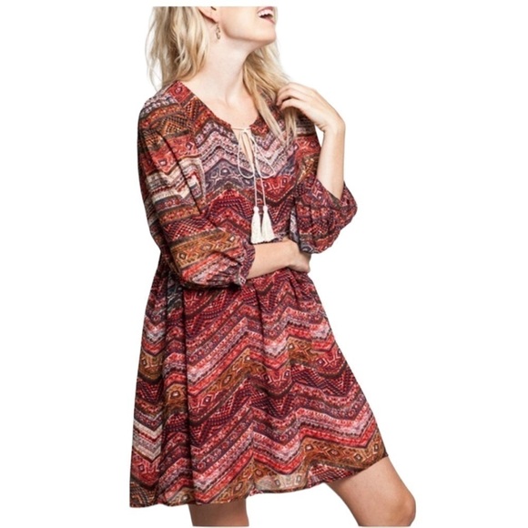 Umgee Tie Front Red Aztec Mix Print Boho Babydoll Dress - Picture 1 of 12